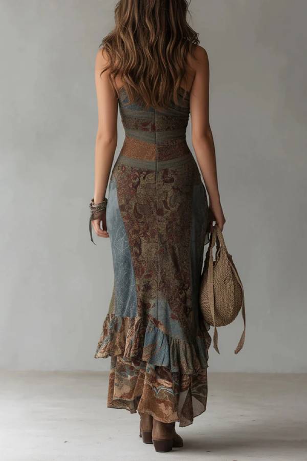 Ethnic-Style Printed One-Shoulder Maxi Dress with High Slit