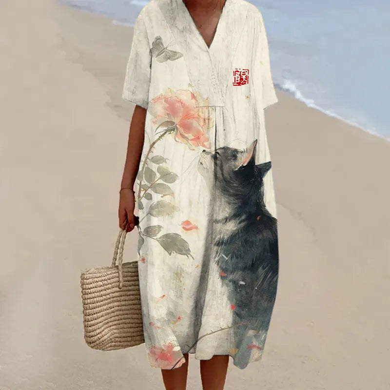 Floral & Cat Watercolor Pattern Women's V-neck Short Sleeve Linen Maxi Dress