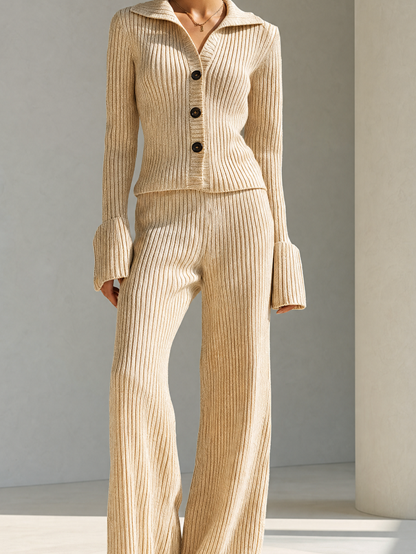 Women's Elegant Oatmeal Beige Ribbed Knit Collared Button-Front Flared Cuff Cardigan And Wide-Leg Pants Two-Piece SetMDZ2180G5ZSQ