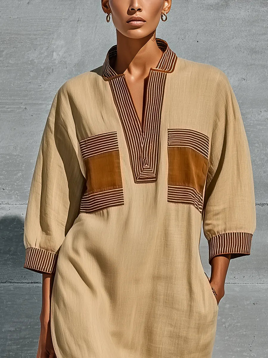Women’s Beige Linen Blend Contrast Striped Trim Stand Collar Half Placket Batwing Cuffed Sleeve Patch Pocket Side Slit Kaftan Maxi Dress MDZ0639G8YZJ