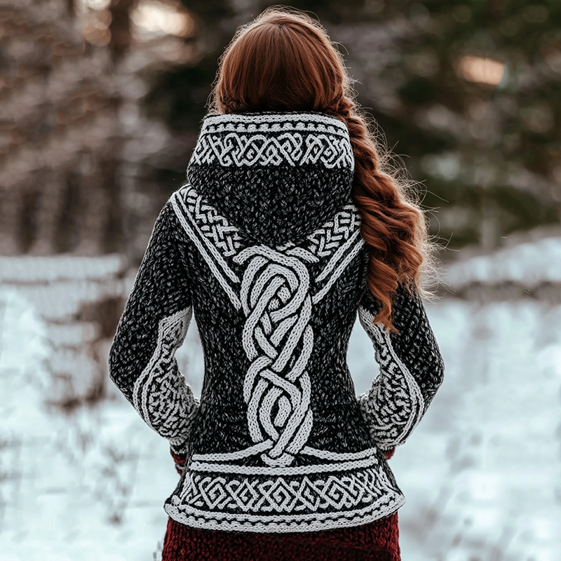 Women's Viking Style Color Block Knitted Jacquard Hooded Sweater