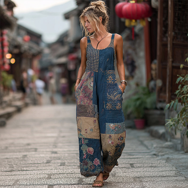 Women's Japanese-style Floral Linen Sleeveless Jumpsuit