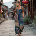 Women's Japanese-style Floral Linen Sleeveless Jumpsuit