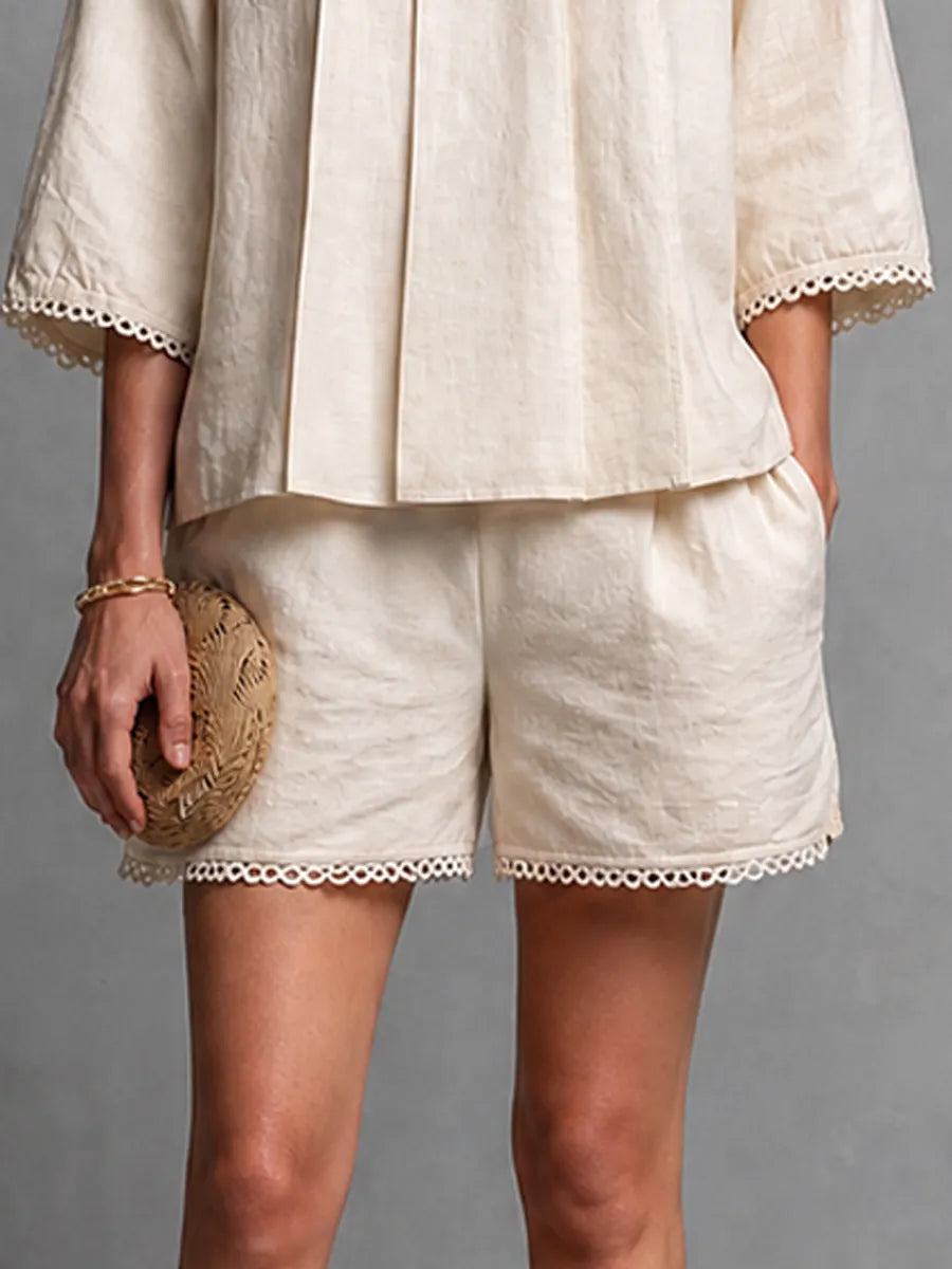 Women's Elegant Casual Off White Cotton Linen Lace Trimmed Stand Collar Three Quarter Sleeve Top And Shorts Set MDZ0299G3GMJ