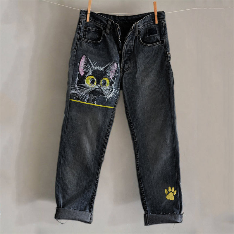 Lovely Black Cat Paw Print Embroidered Washed Jeans