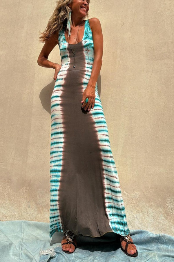 Nil Tie-Dye Print Back Lace-Up Stretch Maxi Dress（With built-in bra）