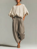 Women's Beige Pinstripe Woven Co-Ord With Loose Boat Neck Bubble Sleeve Top & High Waist Baggy Gray Side Pocket Trousers, Modern Effortless-Chic Daily Two-Piece Set MDZ0187G8LYL