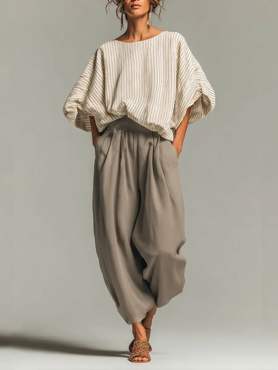 Women's Beige Pinstripe Woven Co-Ord With Loose Boat Neck Bubble Sleeve Top & High Waist Baggy Gray Side Pocket Trousers, Modern Effortless-Chic Daily Two-Piece Set MDZ0187G8LYL
