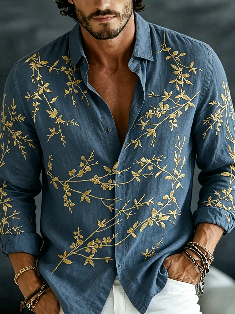 Men's Vintage Spring Floral Embroidered Art Print Flowy Linen Blend Casual Shirt