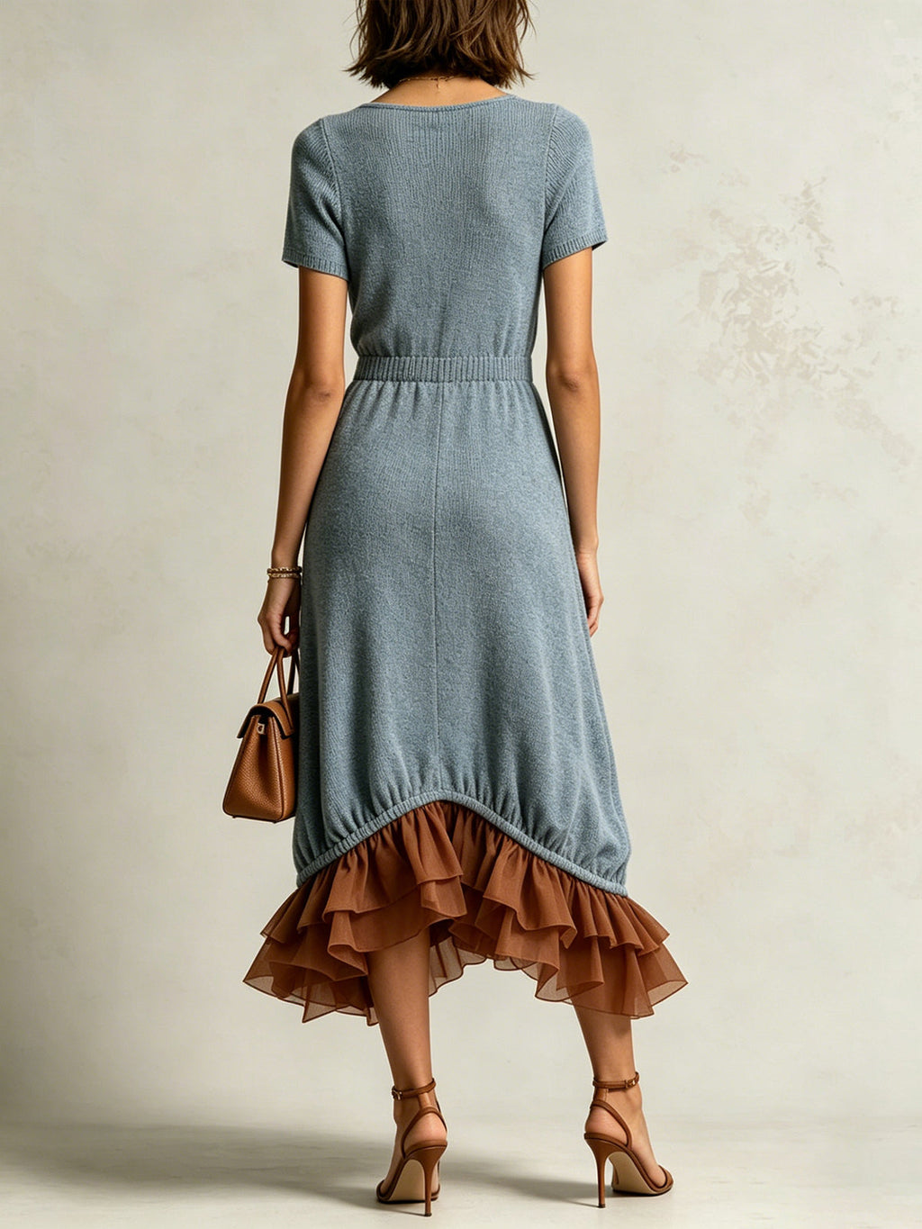Blue Knit Midi Dress With Square Neckline And Ruffled Brown Hem