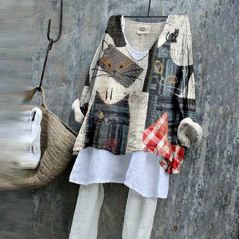 Cute Cat Japanese Art Patchwork Linen Blend Tunic