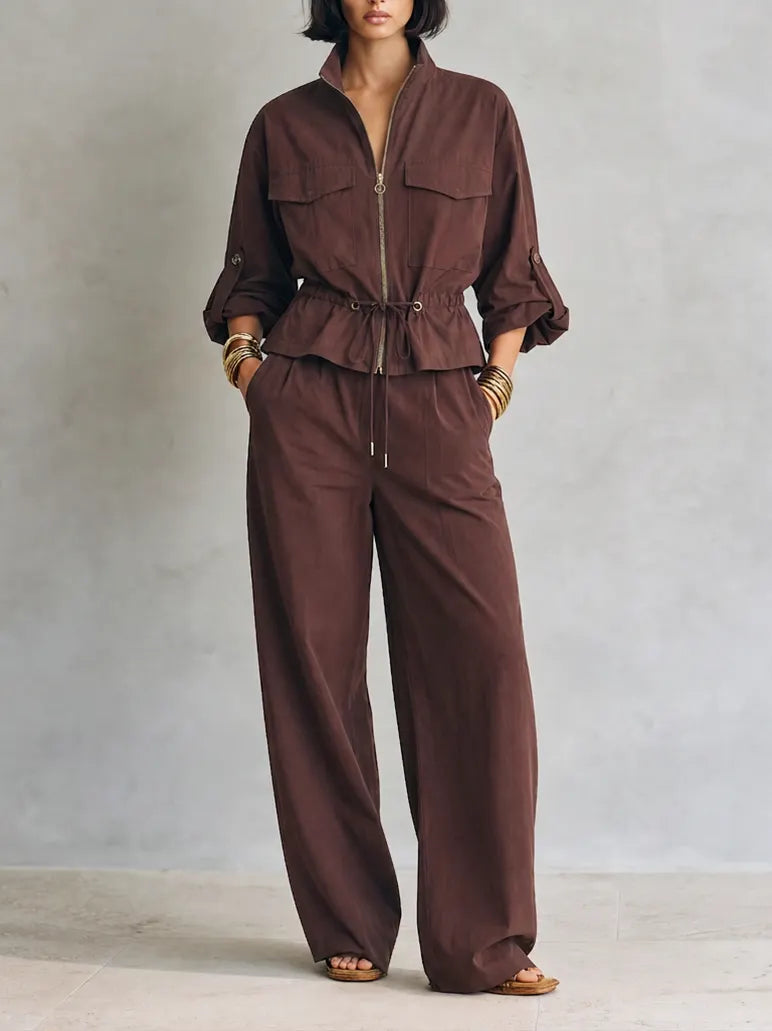 Women's Modern Chocolate Brown Utility Zip-Front Drawstring Jacket And Wide-Leg Pants Two-Piece Set MDZ1781G6ZSQ