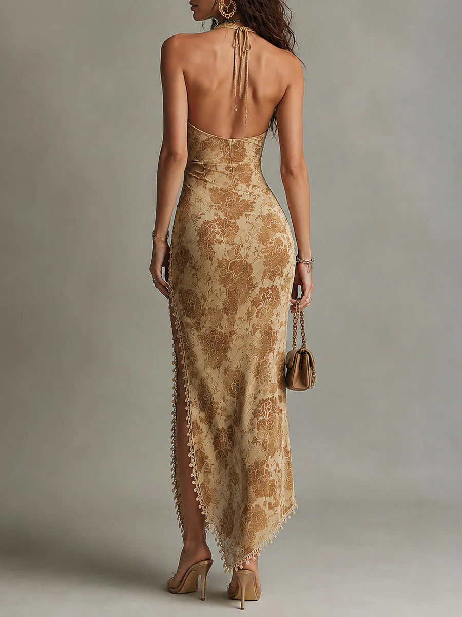 Retro Halter-neck Waist-pleated High-slit Slim-fit Maxi Dress