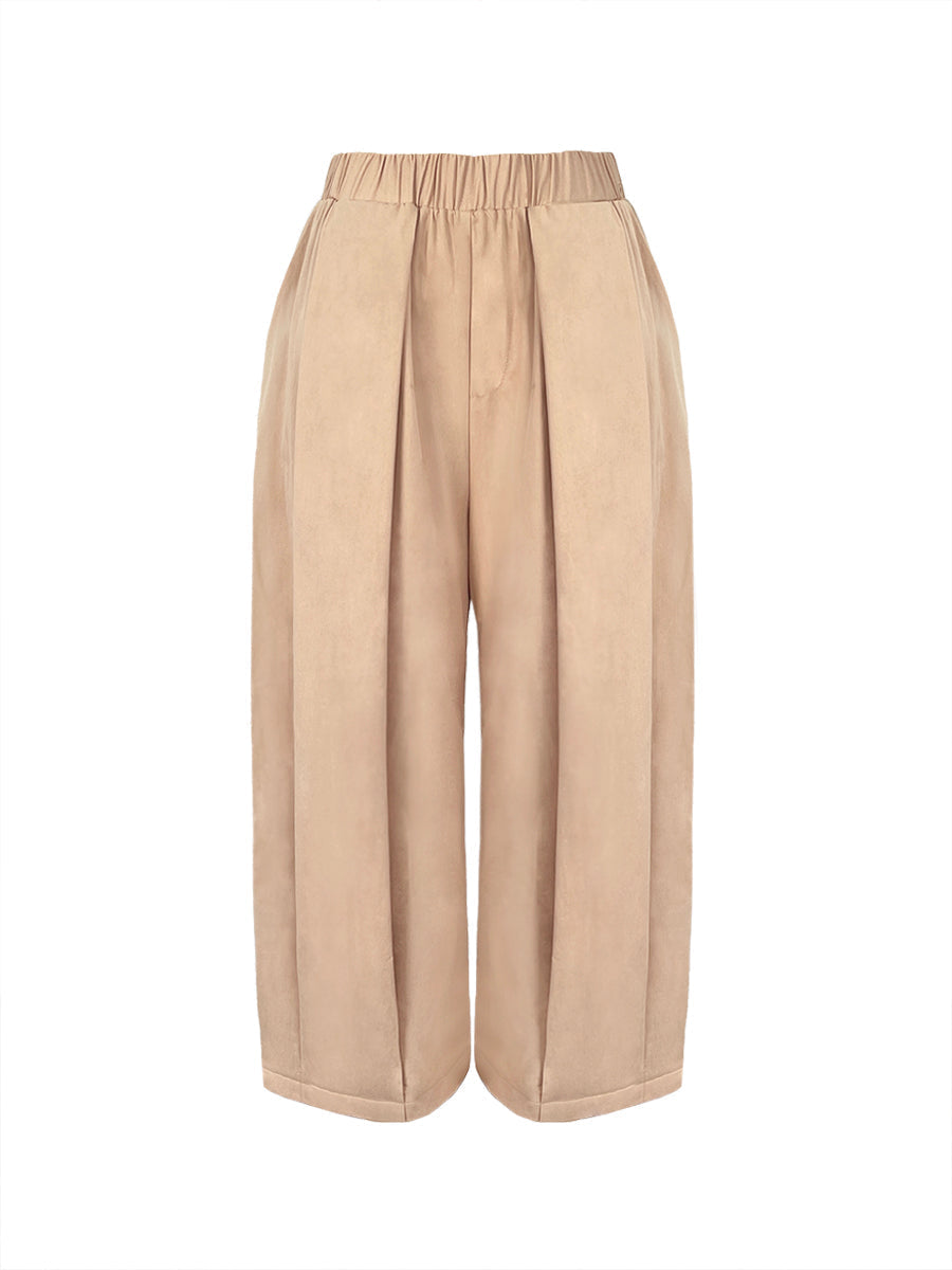Loose Wide Leg Pleated Pockets Solid Color Pants