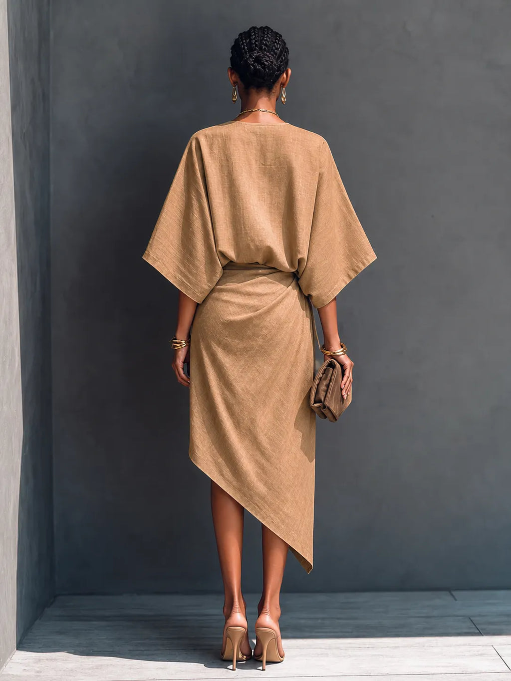 Women's Modern Minimalist Khaki Linen Blend Draped Asymmetric Short Sleeve Midi Dress MDZ0344G8GMJ