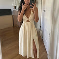 Solvenya – V-Neck Halter Maxi Dress with Cutout and Slit