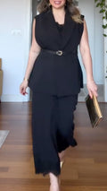 Black Belted Blazer Vest and Culottes Set