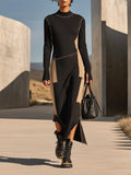 Women's Black Khaki Ribbed Knit Maxi Dress With Raw Edge Patchwork & Mock Neck, Streetwear Irregular Split Bodycon Sweater Maxi Dress MDZ2744G4LYL
