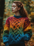 Women's Irish Rainbow Pattern Jacquard Pocket Cozy Sweater