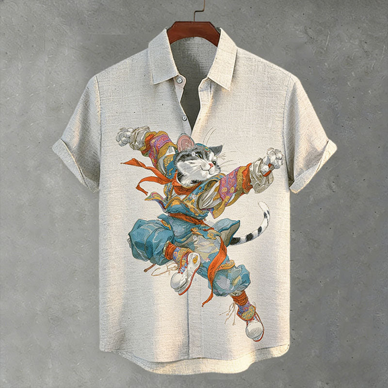 Men's Japanese-style Artistic Cat Print Short-sleeved Shirt