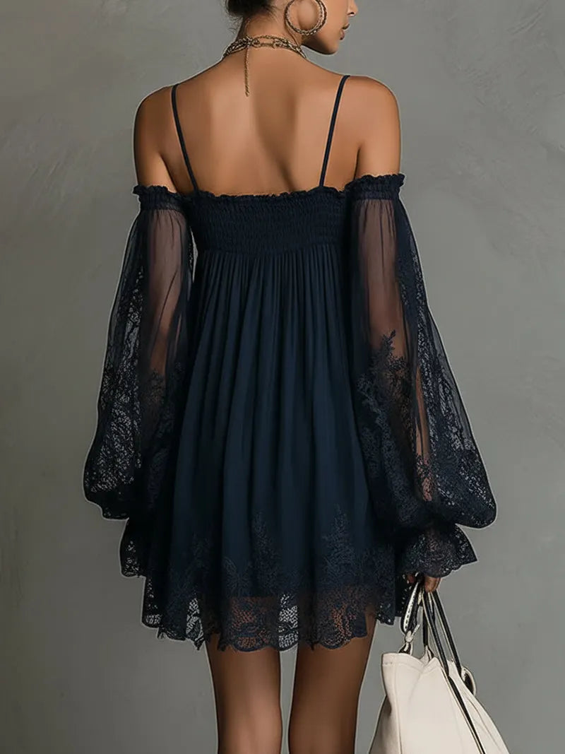 24-Hour-Shipping Navy Off-Shoulder Lace Trim Chiffon Mini Dress With Sheer Sleeves
