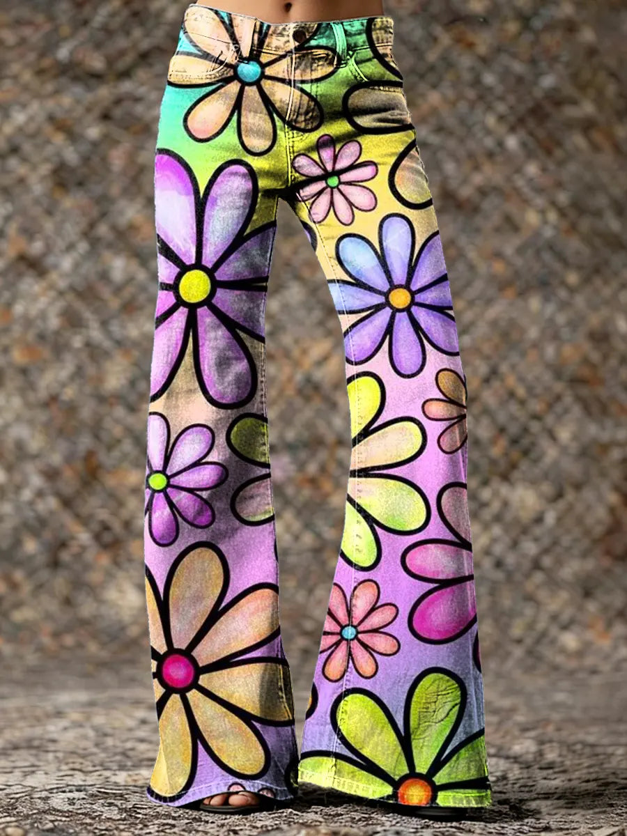 Ethnicity Doodle Flower Colorful Women's Print Casual Wide Leg Pants