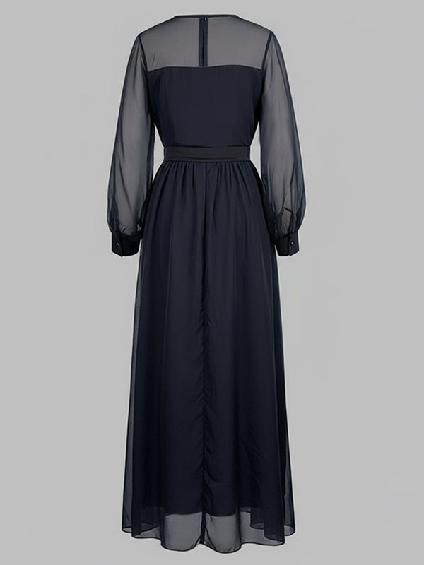 False Two Loose Gauze Pleated See-Through Round-Neck Maxi Dresses