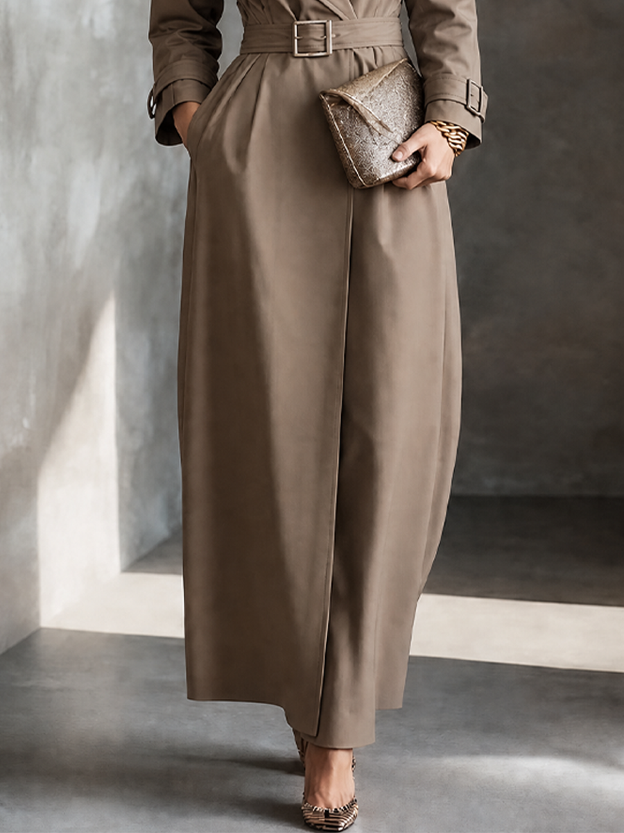 Women's Classic Elegant Khaki Cotton Blend Belted Long Trench Coat MDZ2212G9GMJ