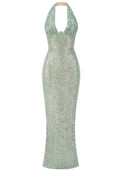 Halter Sequin Backless Maxi Dress Green