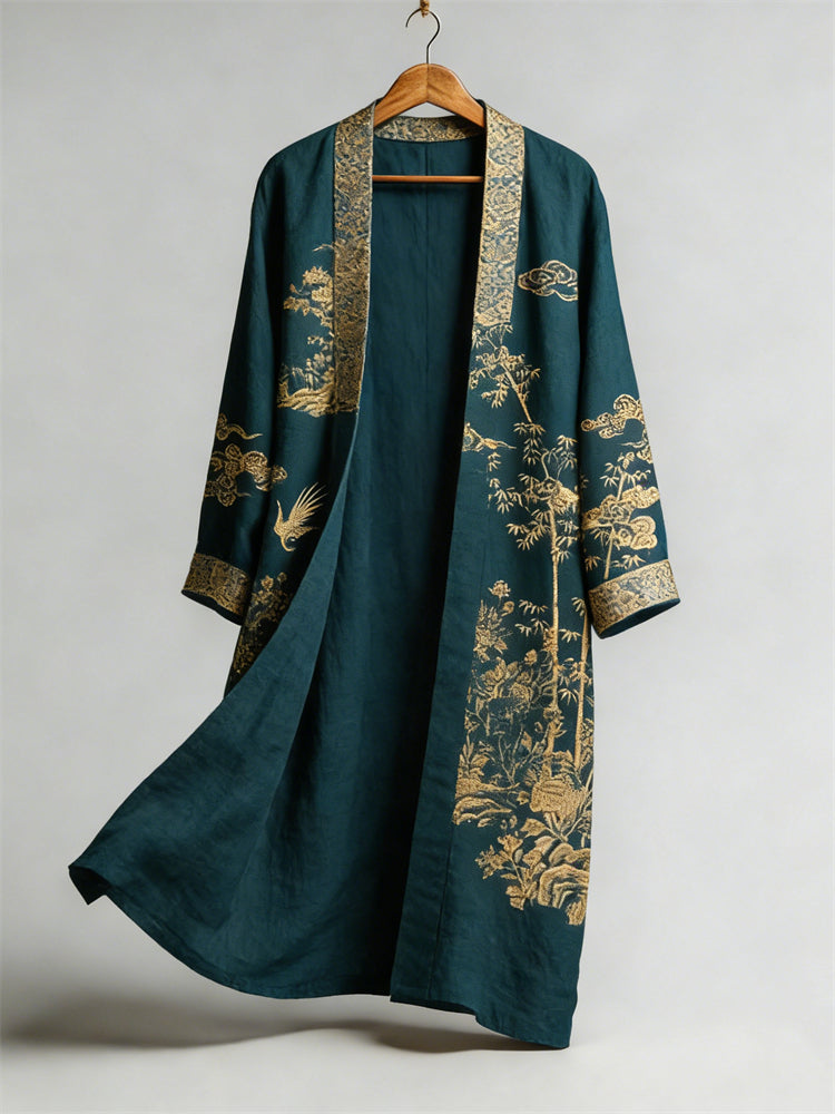 Japanese Bamboo Landscape Flowy Long Linen Kimono
