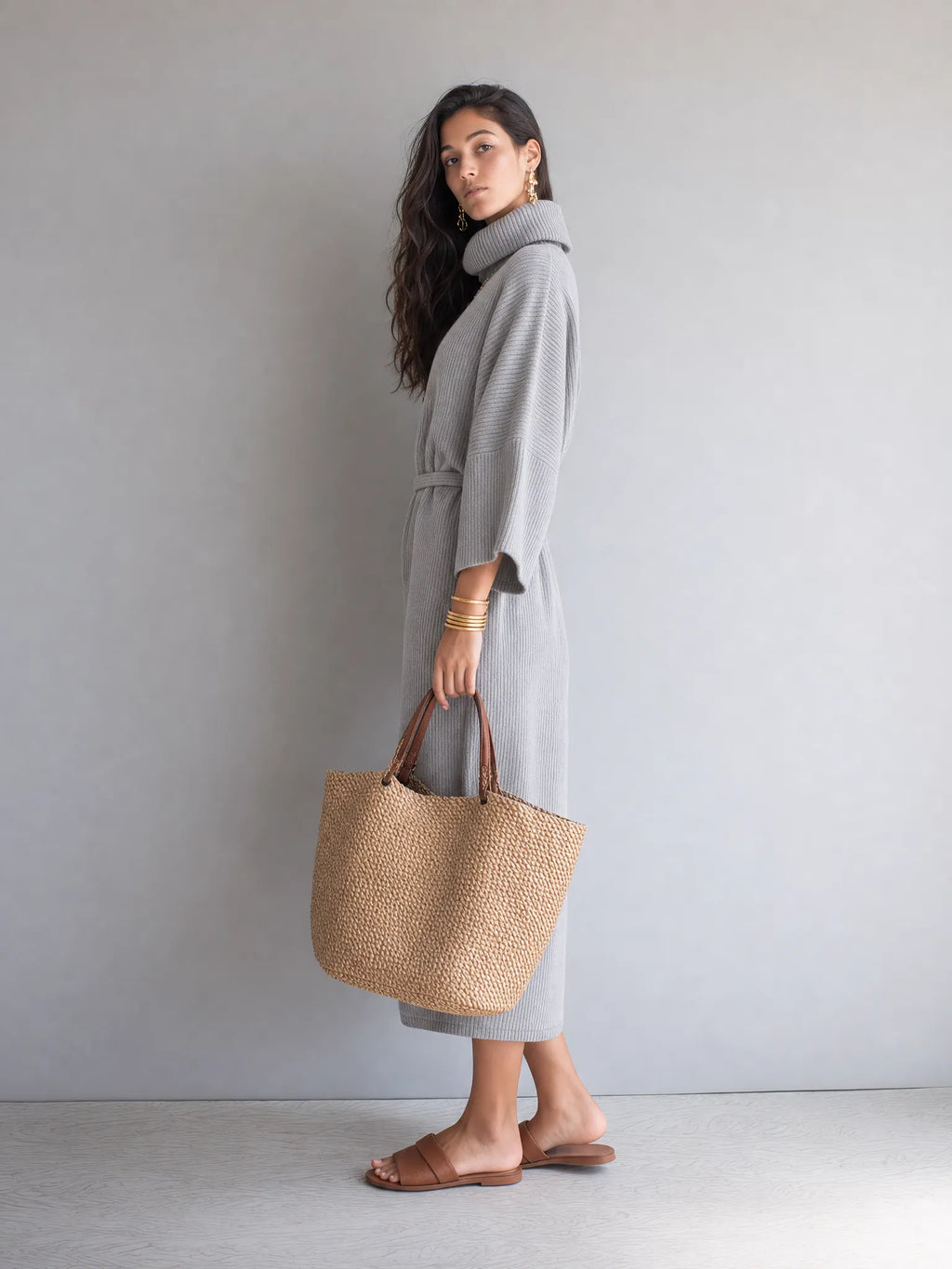 Elegant Light Gray Ribbed Turtleneck Sweater Dress