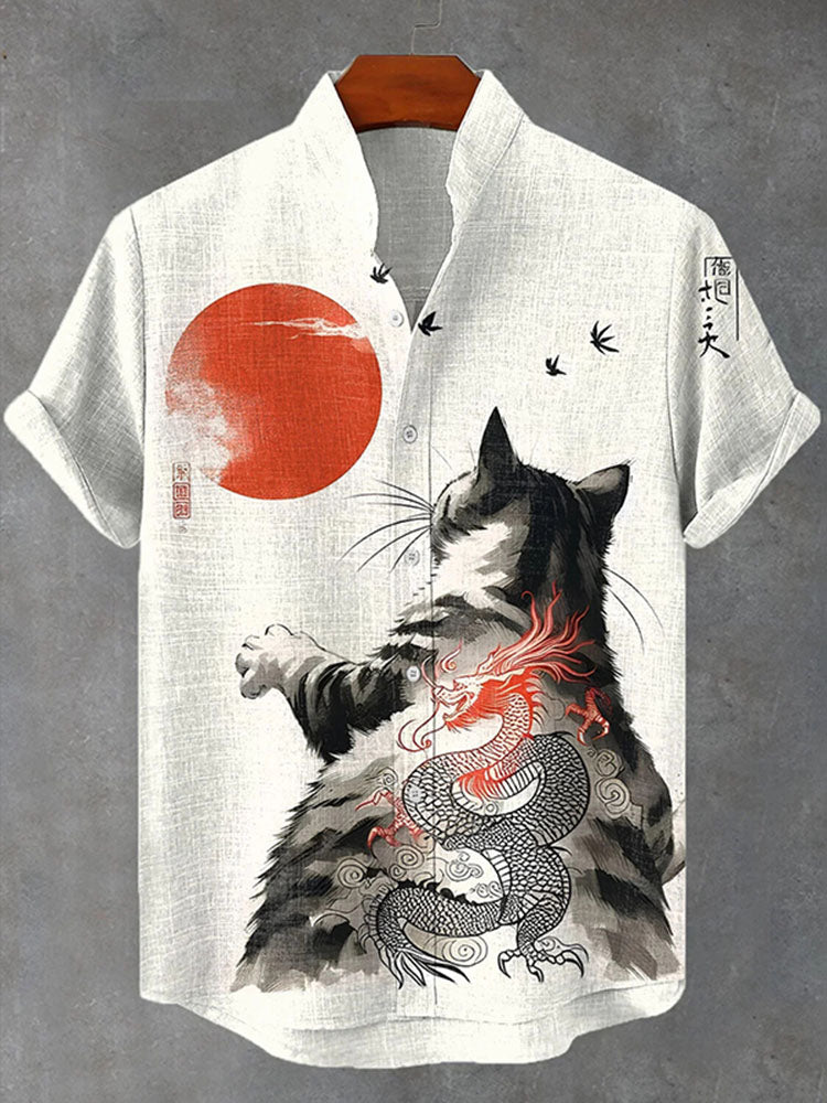 Men's Cat Dragon Japanese Art Print Casual Shirt