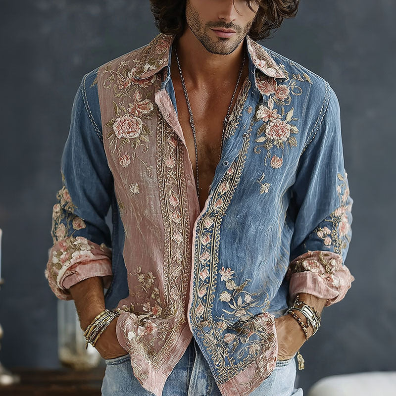Men's Retro Floral Art Print Flowy Linen Blend Casual Shirt