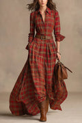 Lapel Long Sleeves Button Up Plaid Maxi Shirt Dress(Includes belt)