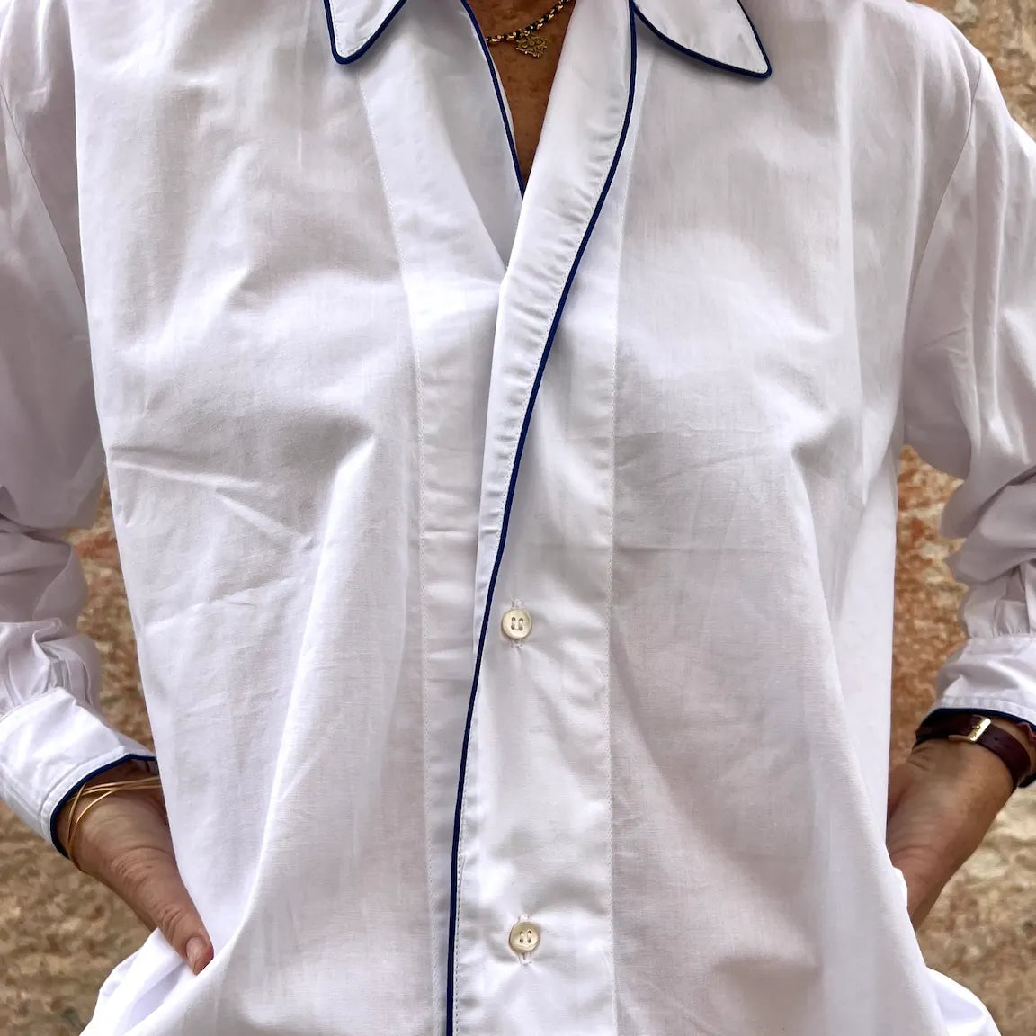 Massi Oversized Piping Shirt - French Resort Mid-Length Blouse | Dadihouse