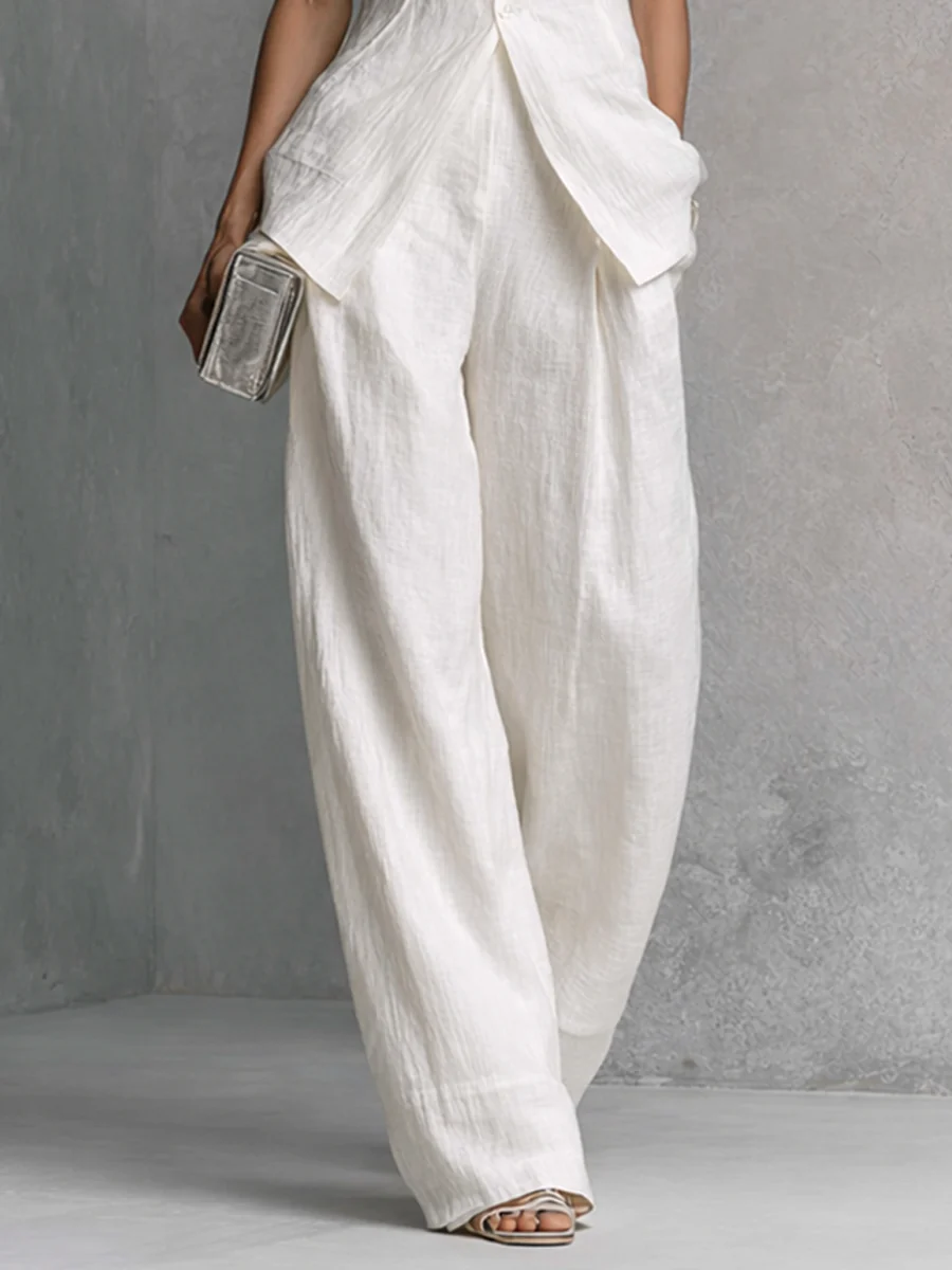 White Minimalist Sleeveless Top And Wide-leg Pants Suit