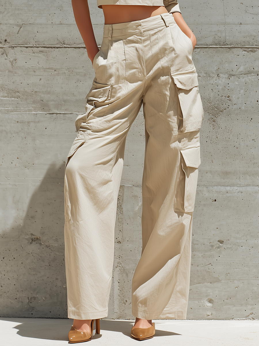 Women's Beige Linen Blend Double Breasted Three Quarter Sleeve Cropped Blazer Multi Pocket Wide Leg Cargo Pant Two Piece Suit Set MDZ1787G0YZJ