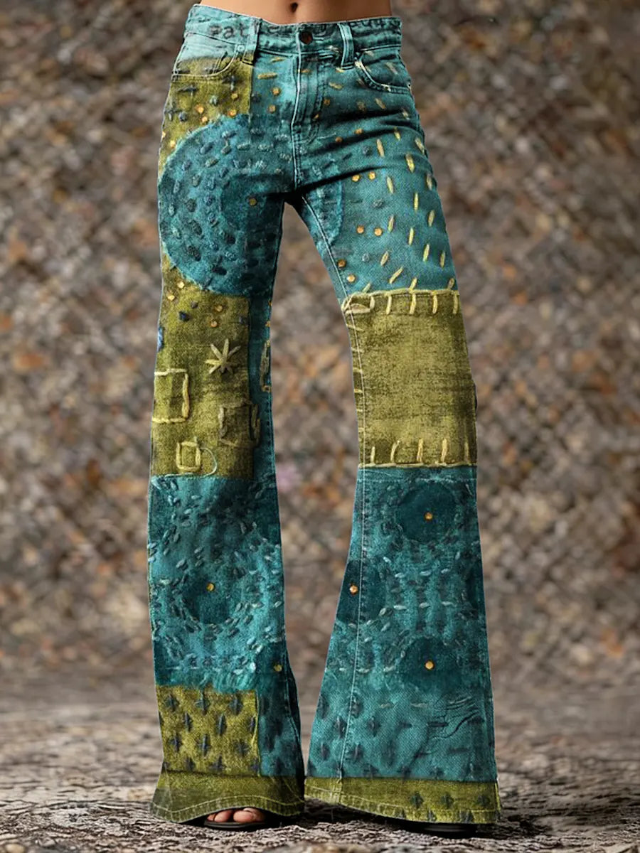 Women's Patchwork Art Print Casual Washed Pants