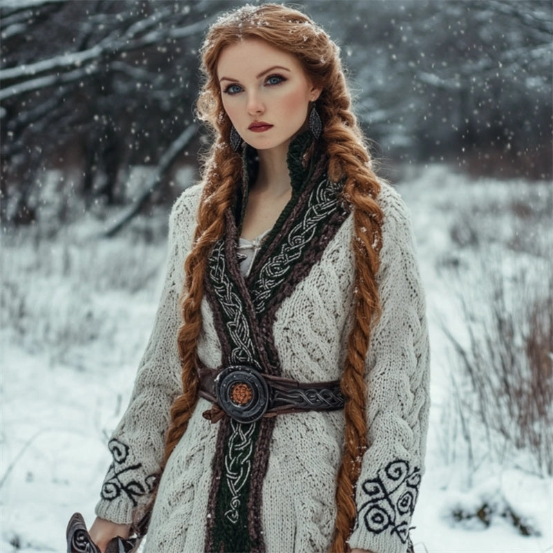 Medieval Celtic Contrast Hem Cozy Chunky Long Cardigan