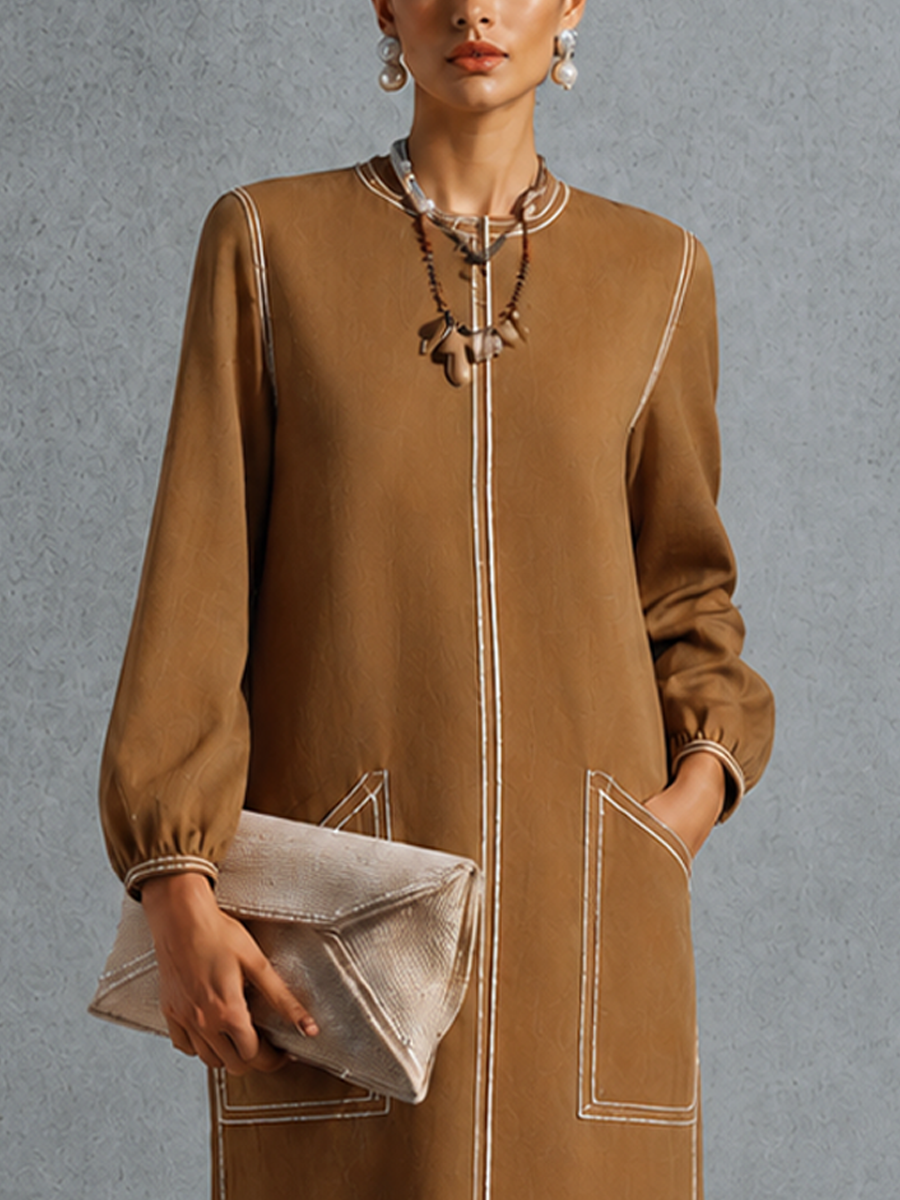Women's Retro Commuter Caramel Cotton Blend Contrast Stitch Patch Pocket Lantern Sleeve Midi Dress MDZ1339G3GMJ