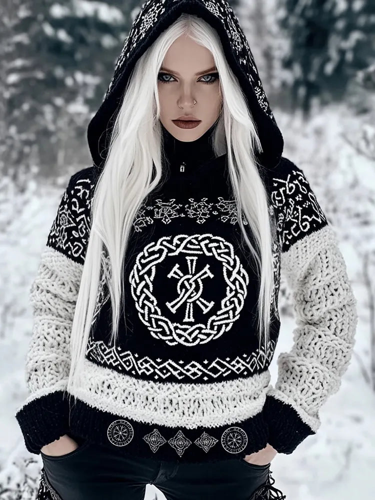 Viking Tribal Celtic Cable Knit Hooded Sweater