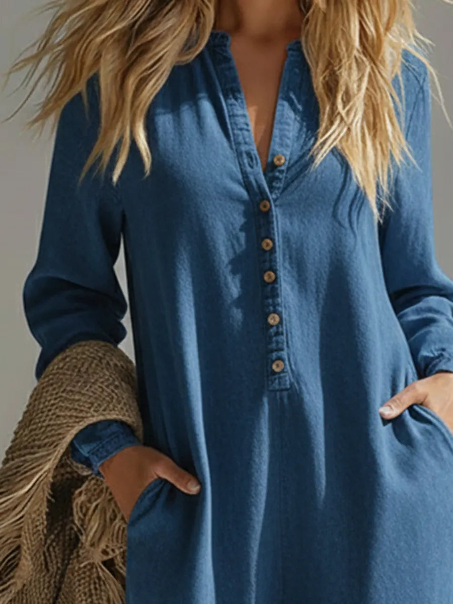 Cozy Henley-neck Button-up Wide-leg Jumpsuit