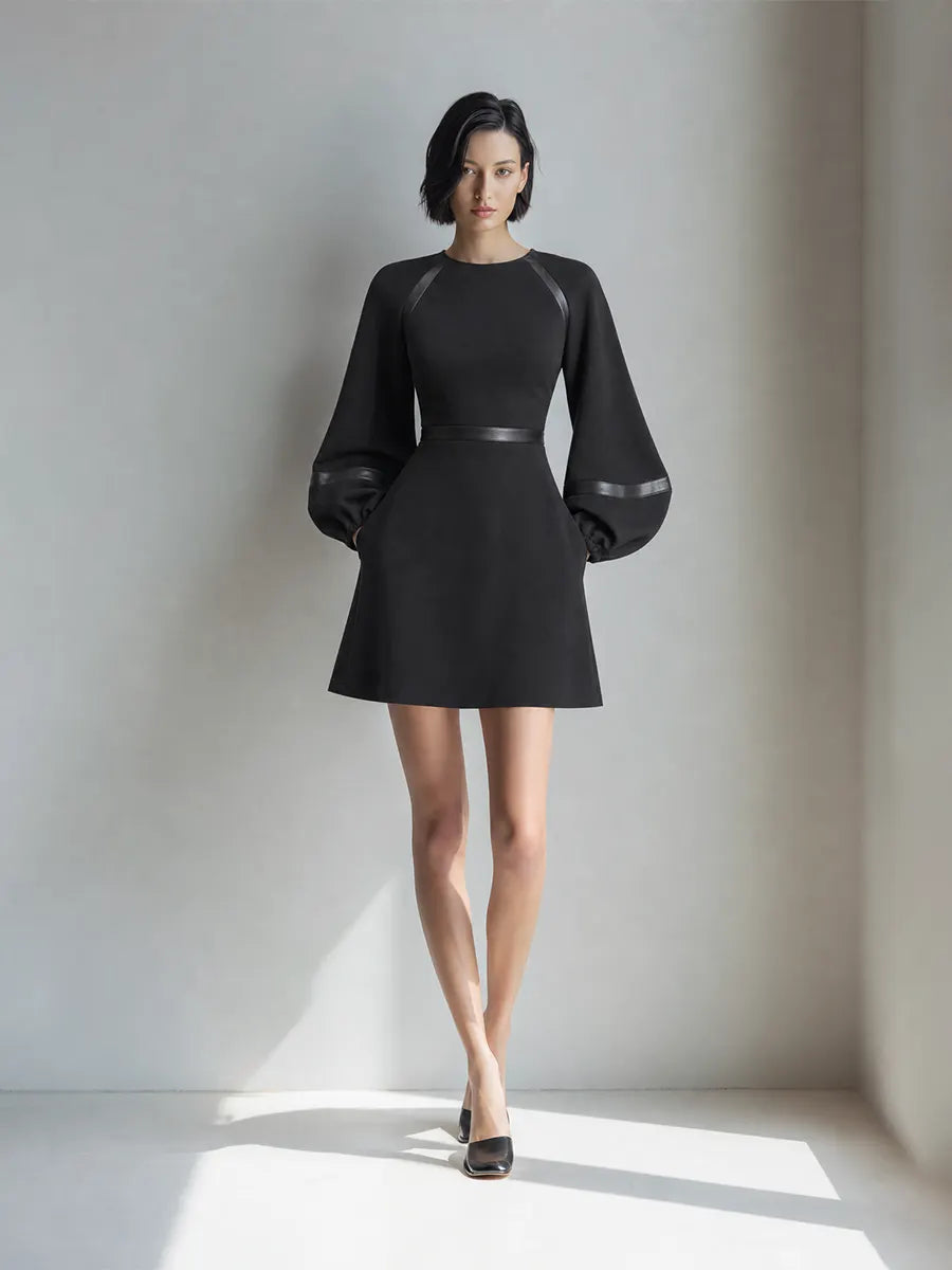Women's Elegant Black Ponte Knit Round Neck Balloon Sleeve Satin Trim Fit And Flare Mini Dress MDZ1579G1ZSQ