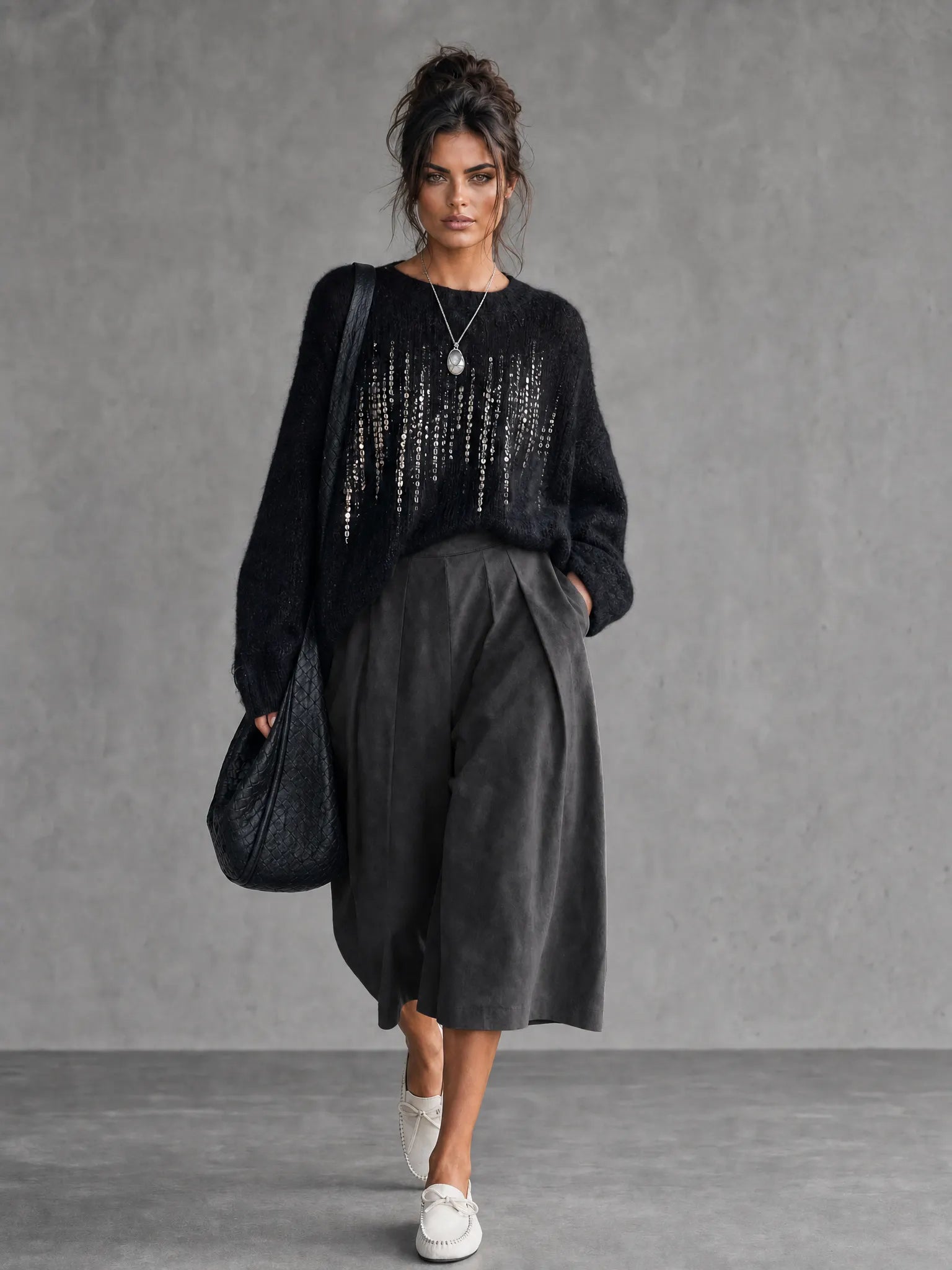 Women's Minimalist Sequin Long-Sleeve Sweater & Faux Suede Cropped Wide-Leg Pants Set MDZ2103G2WY