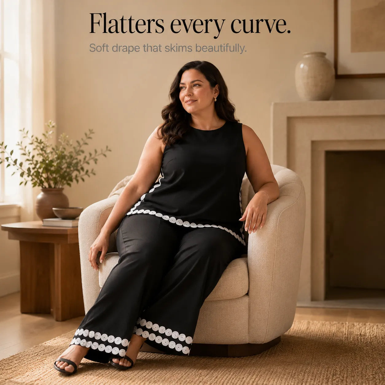 Marovée – Sleeveless Top & Wide Leg Pants Set with Crochet-like Trim Details