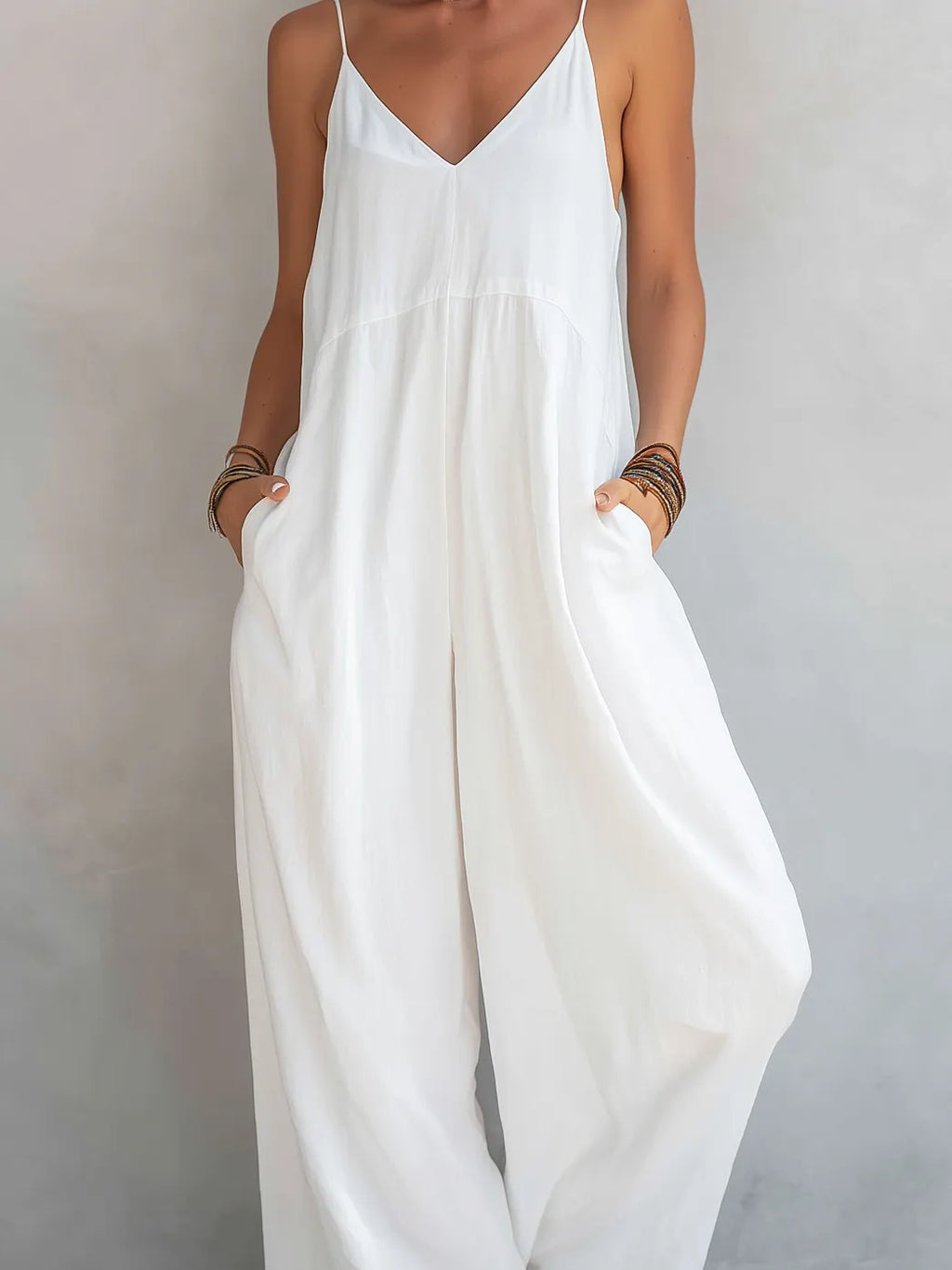 Women's Casual White Cotton-linen Blend Sleeveless Loose Jumpsuit MDZ0246C9AN
