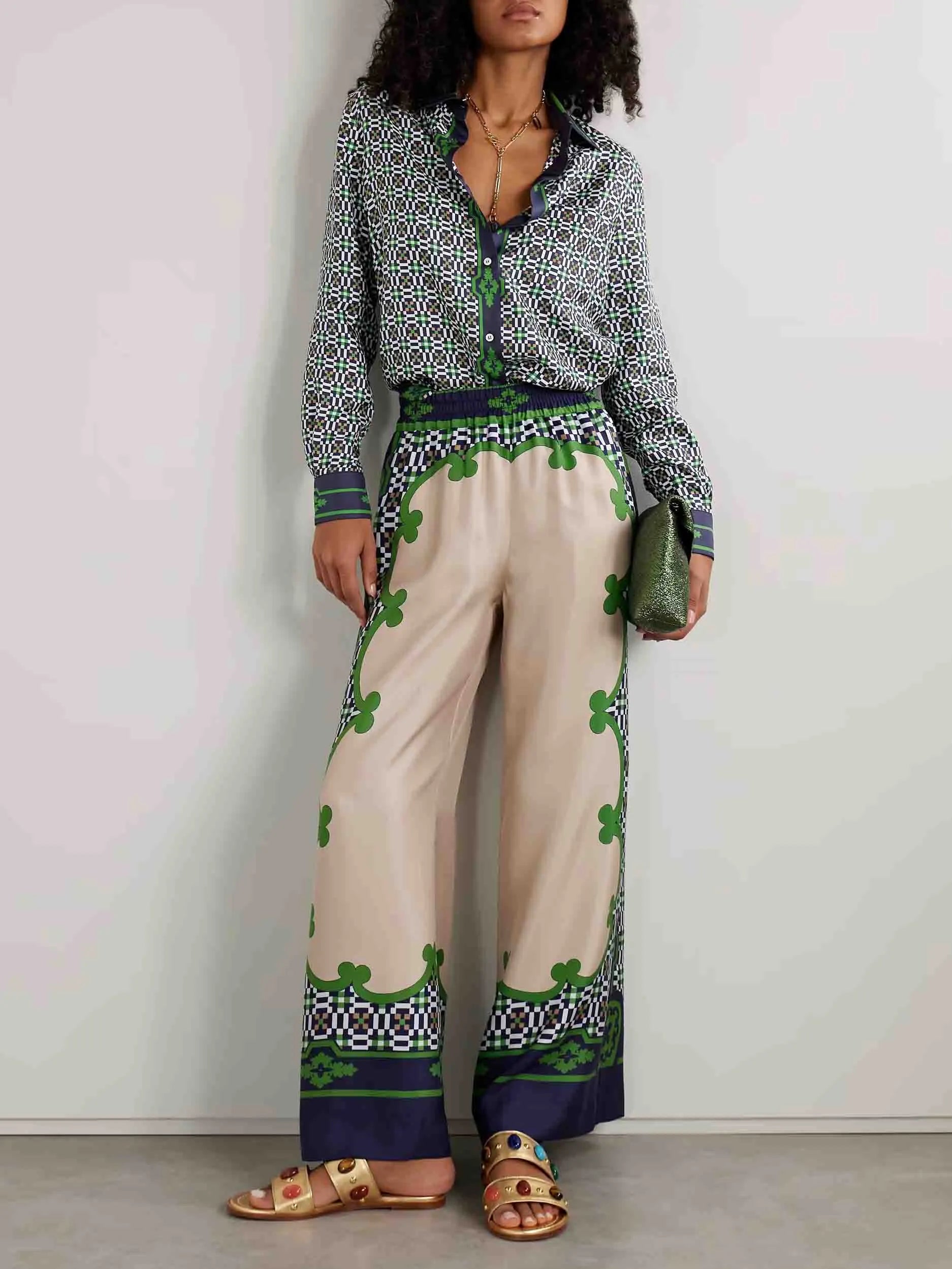 Unique Geometric Pattern Printed Satin Long-sleeved Shirt