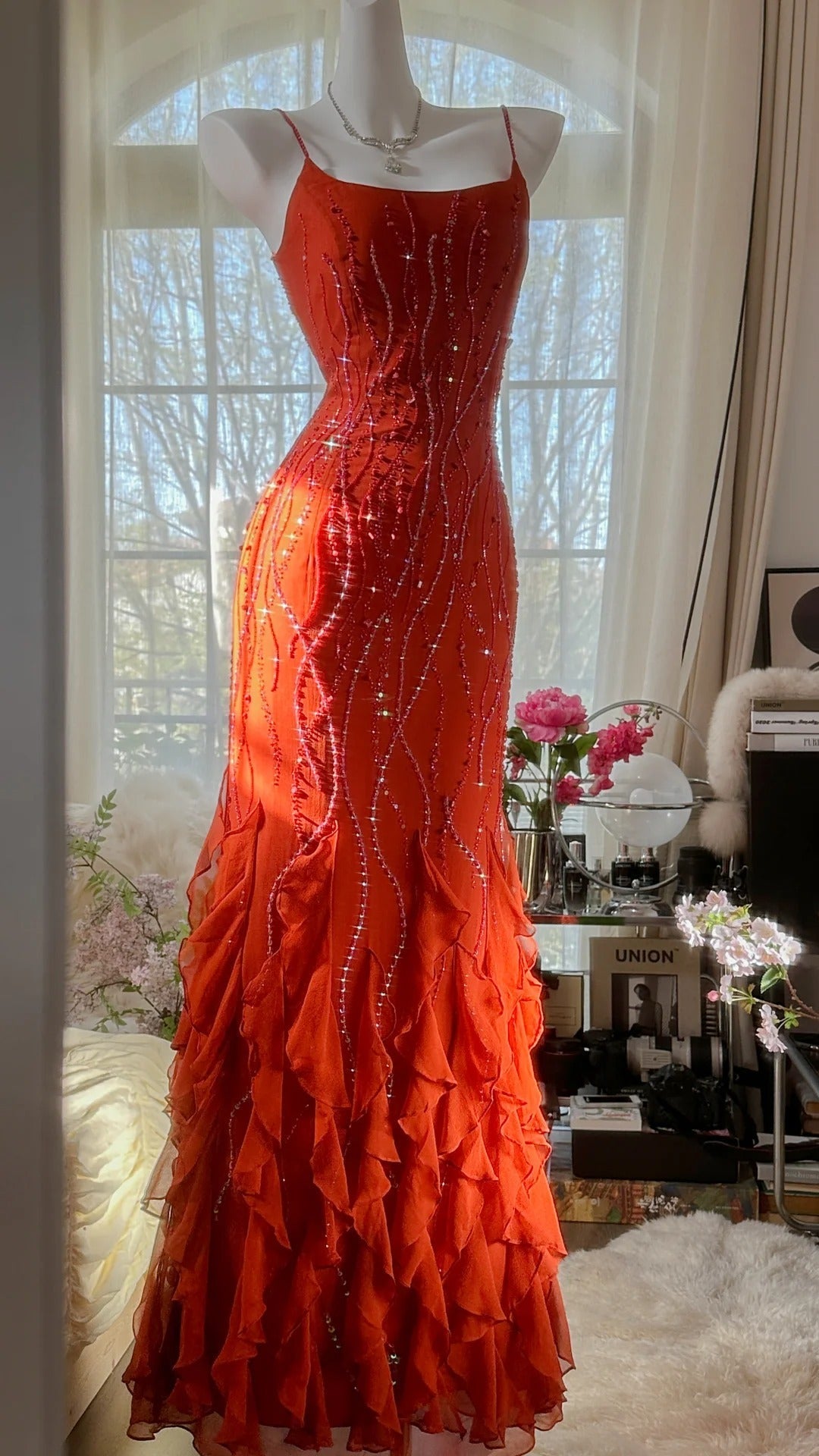 Vintage Evening Dresses, Orange Mermaid Sleeveless Long Party Gowns  25529