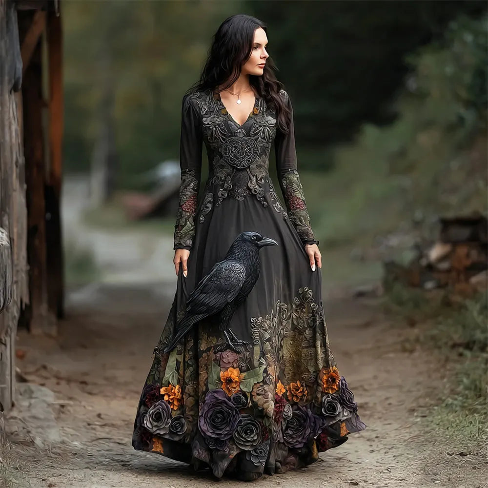 Halloween Crow & Rose Dark Witch Art Women's V-neck Long-sleeve Maxi Dress