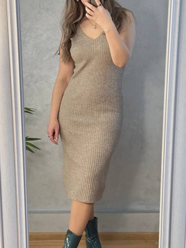 V-Neck Pullover Dress & Sweater Cardigan Set